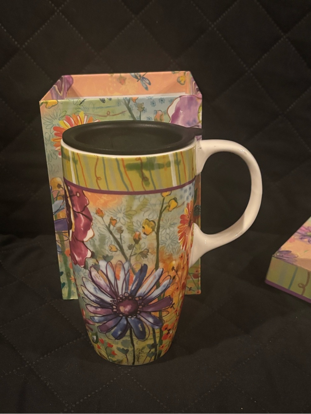 Floral Ceramic Travel Mug, cup with Lid - Multicolor
